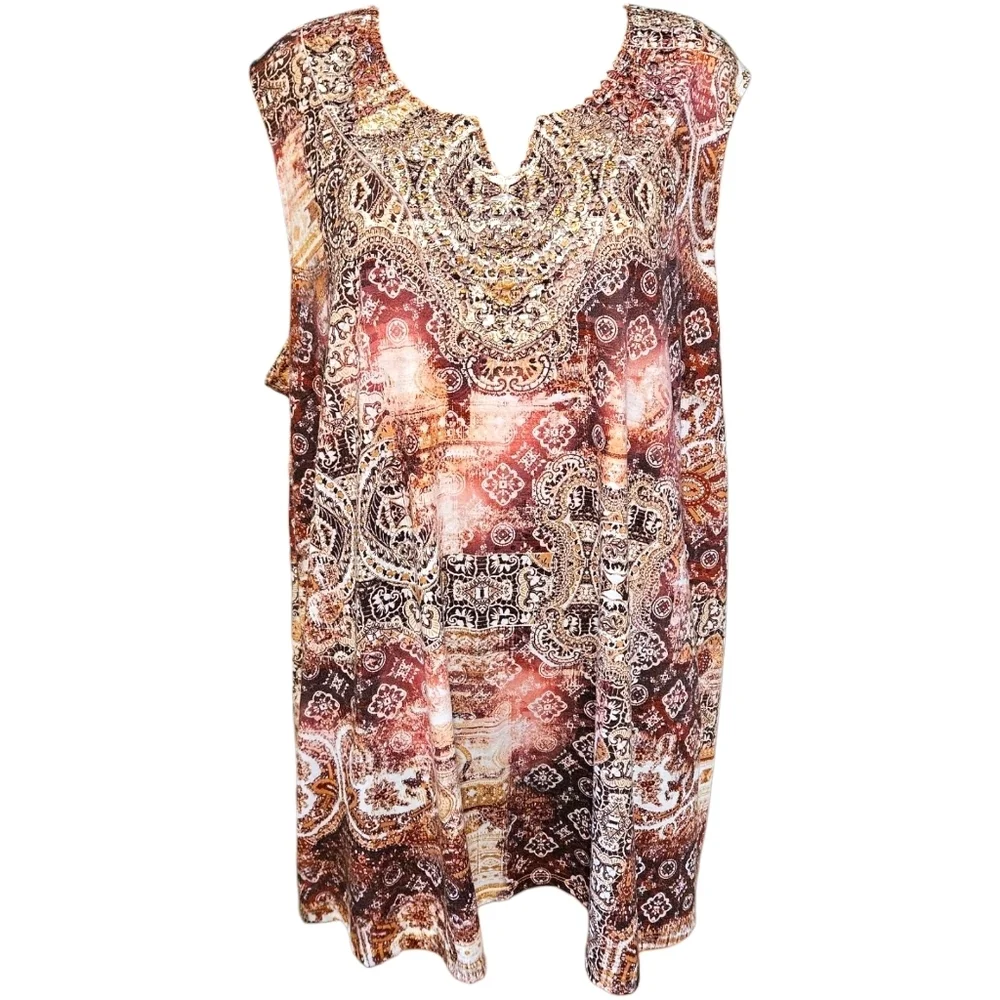 Catherines 3X Sleeveless Embellished Top Boho Baroque Paisley Gold Rhinestone - Picture 2 of 11